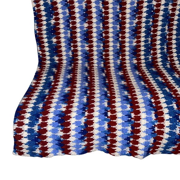 Handmade Hand Crafted Patriotic USA Striped Crocheted Blanket Throw 51x44 - Picture 4 of 10